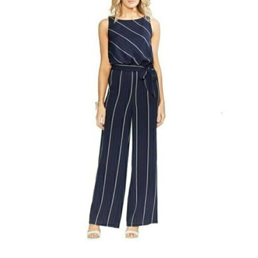 Vince Camuto Womens Sleeveless Striped Wide-leg Jumpsuit Dress S Classic Navy